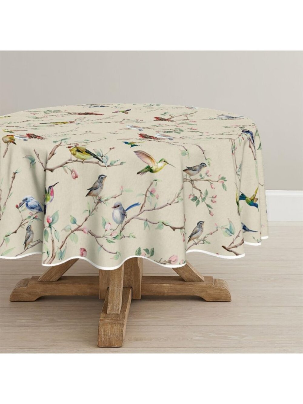 Spring Floral Tablecloth 60x60 Inch Round - Birds & Branches Design, Beige